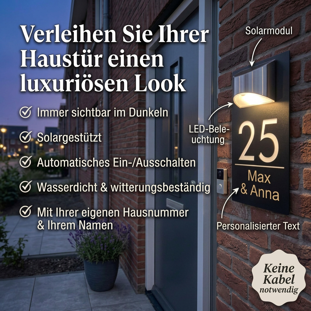 HomeGlow™ | Personalisiertes Hausnummernschild mit Solarbeleuchtung