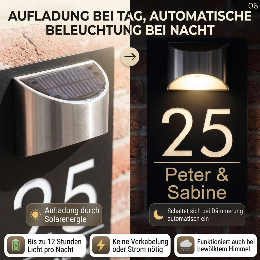 HomeGlow™ | Personalisiertes Hausnummernschild mit Solarbeleuchtung
