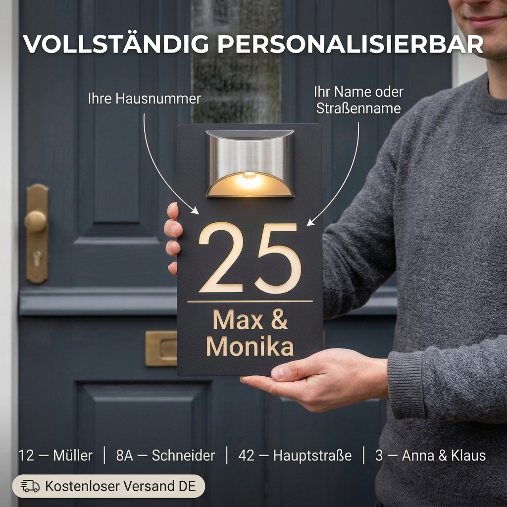 HomeGlow™ | Personalisiertes Hausnummernschild mit Solarbeleuchtung