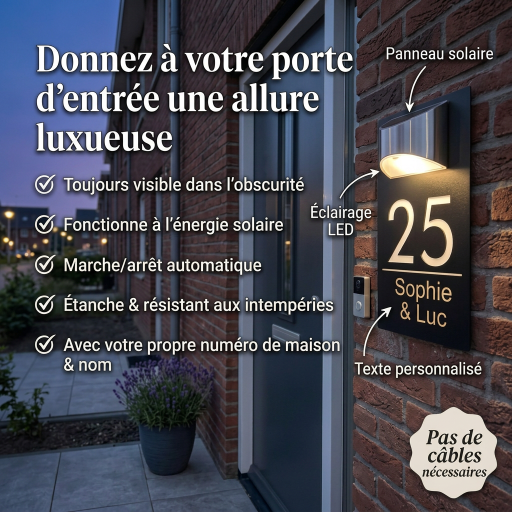 HomeGlow™ | Plaque de numéro de maison personnalisée avec éclairage solaire